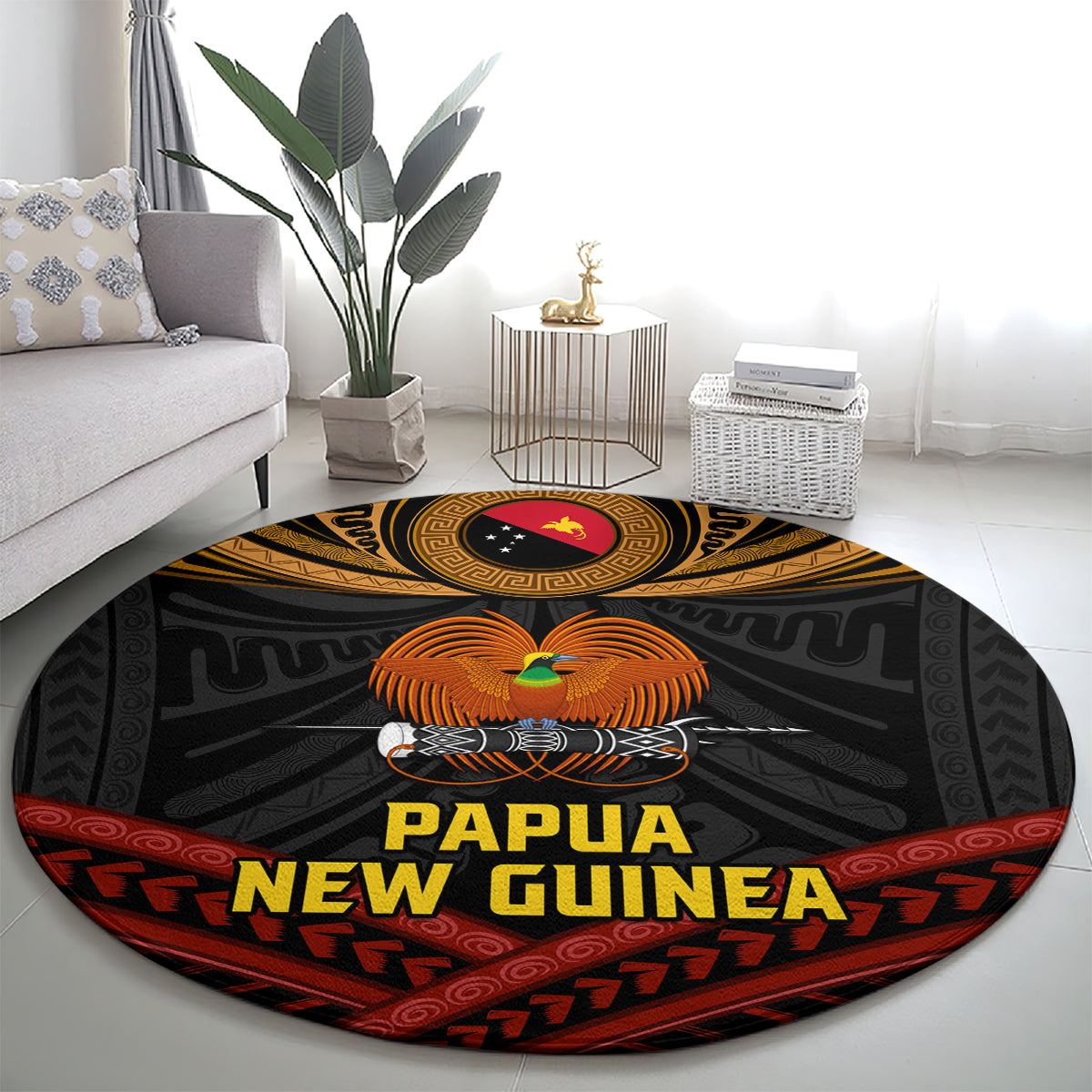Papua New Guinea Bird-of-Paradise Round Carpet Coat of Arms and Tribal Patterns