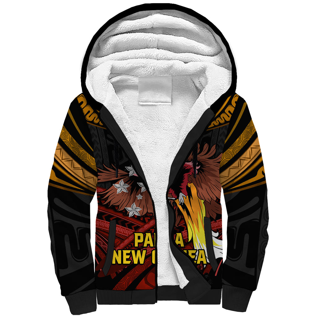 Papua New Guinea Bird-of-Paradise Sherpa Hoodie Coat of Arms and Tribal Patterns LT03 Unisex Black - Polynesian Pride