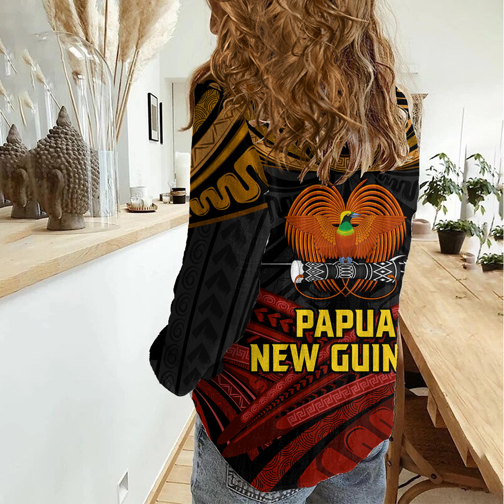 Papua New Guinea Bird-of-Paradise Women Casual Shirt Coat of Arms and Tribal Patterns LT03 - Polynesian Pride