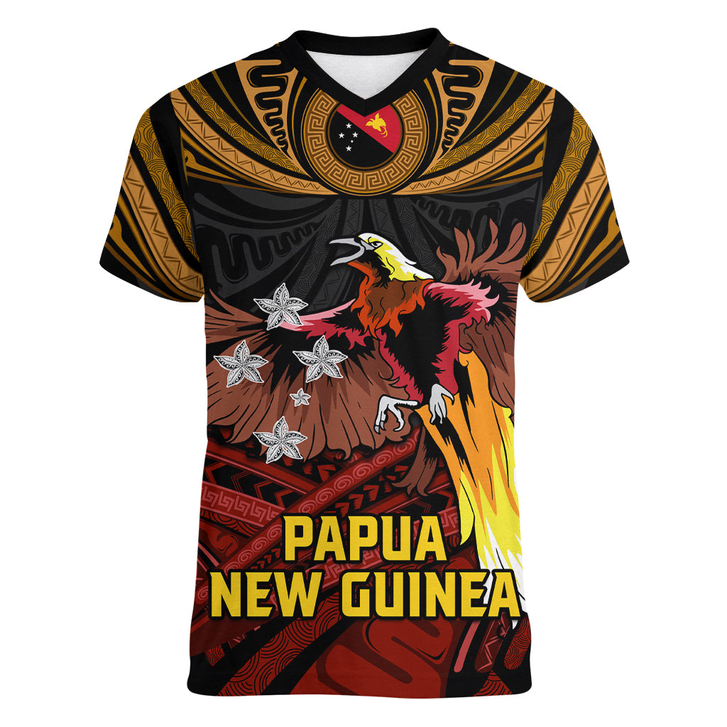 Papua New Guinea Bird-of-Paradise Women V Neck T Shirt Coat of Arms and Tribal Patterns LT03 Female Black - Polynesian Pride