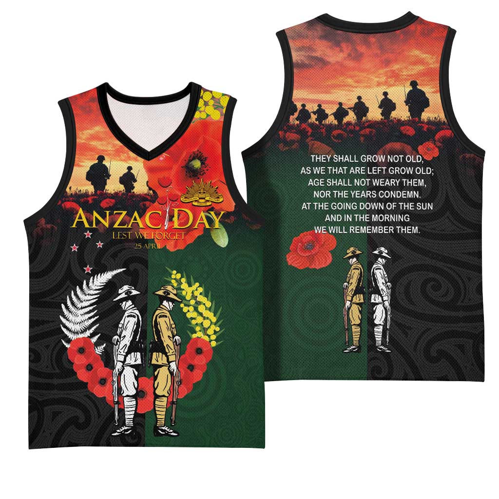 New Zealand and Australia ANZAC Day Basketball Jersey Lest We Forget Indigenous and Maori Pattern