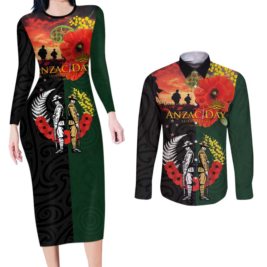 New Zealand and Australia ANZAC Day Couples Matching Long Sleeve Bodycon Dress and Long Sleeve Button Shirt Lest We Forget Indigenous and Maori Pattern LT03 Multicolor - Polynesian Pride