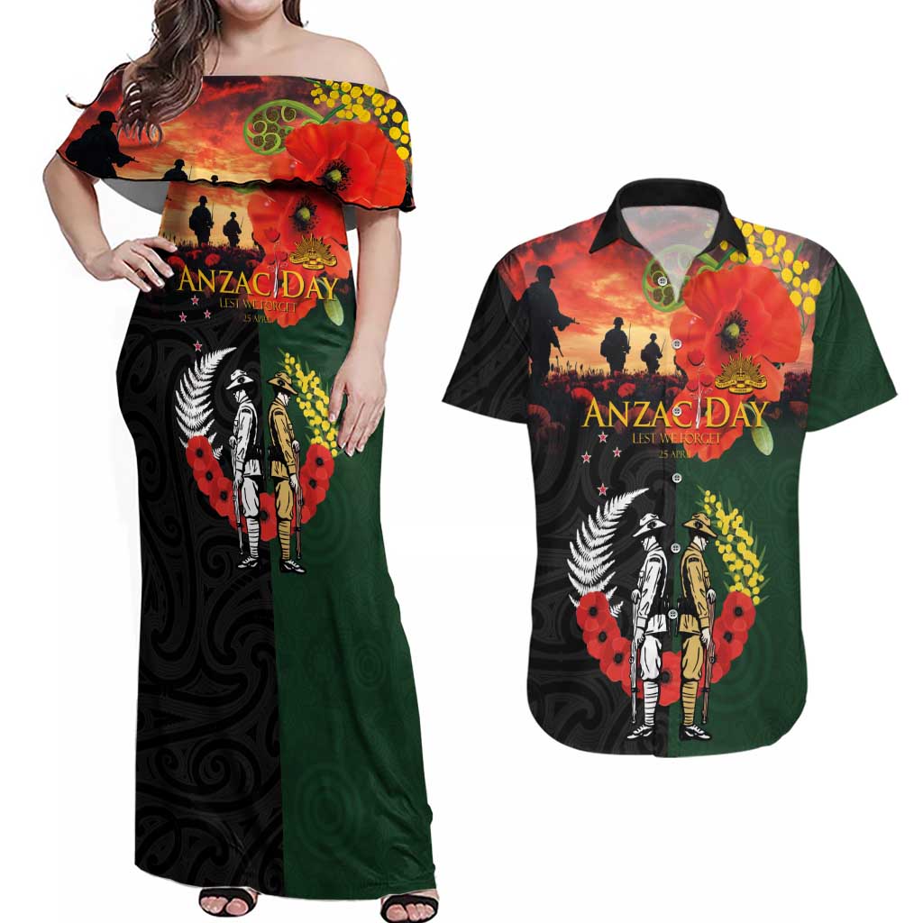 New Zealand and Australia ANZAC Day Couples Matching Off Shoulder Maxi Dress and Hawaiian Shirt Lest We Forget Indigenous and Maori Pattern