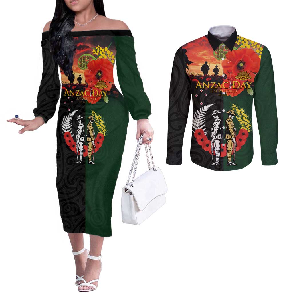 New Zealand and Australia ANZAC Day Couples Matching Off The Shoulder Long Sleeve Dress and Long Sleeve Button Shirt Lest We Forget Indigenous and Maori Pattern