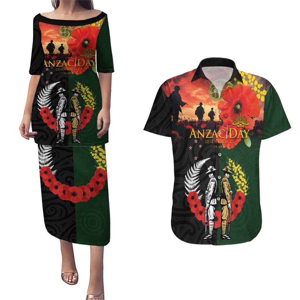 New Zealand and Australia ANZAC Day Couples Matching Puletasi and Hawaiian Shirt Lest We Forget Indigenous and Maori Pattern