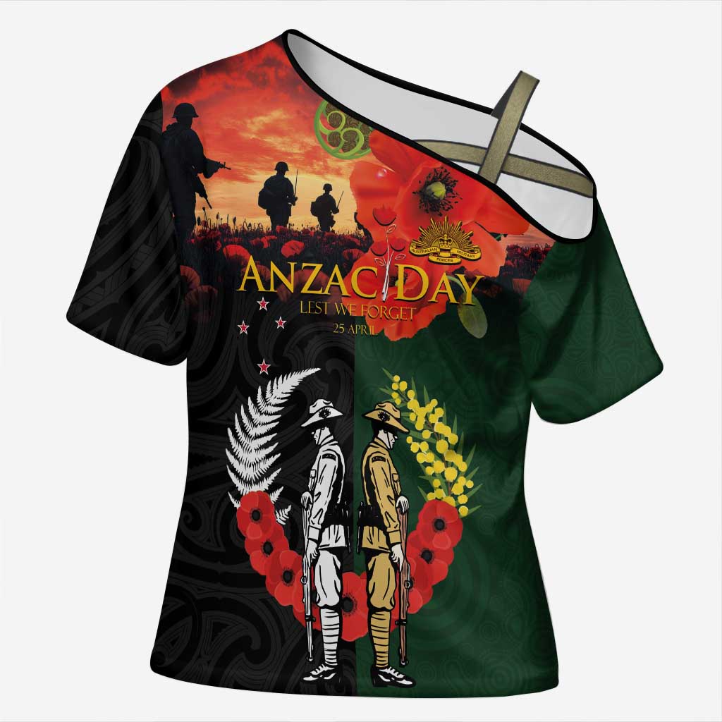 New Zealand and Australia ANZAC Day Cross Shoulder Shirt Lest We Forget Indigenous and Maori Pattern