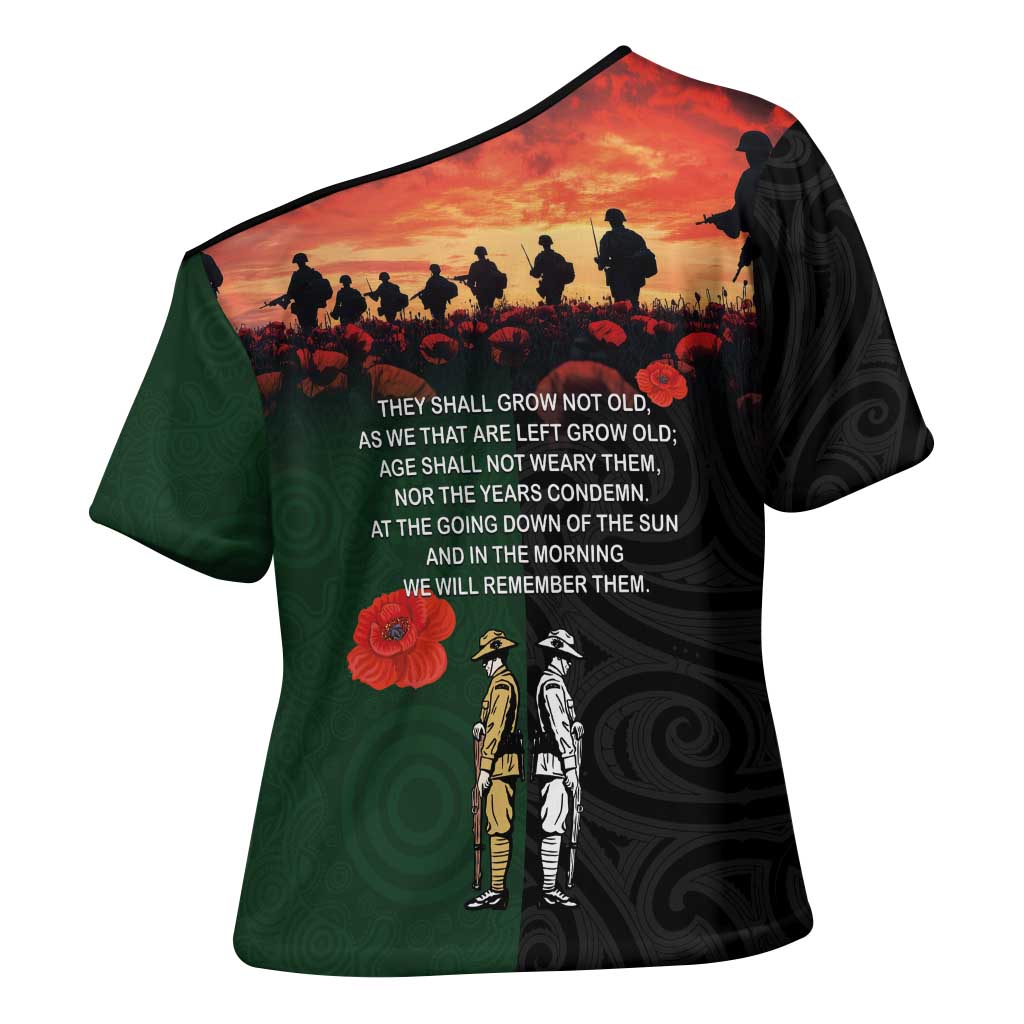 New Zealand and Australia ANZAC Day Cross Shoulder Shirt Lest We Forget Indigenous and Maori Pattern