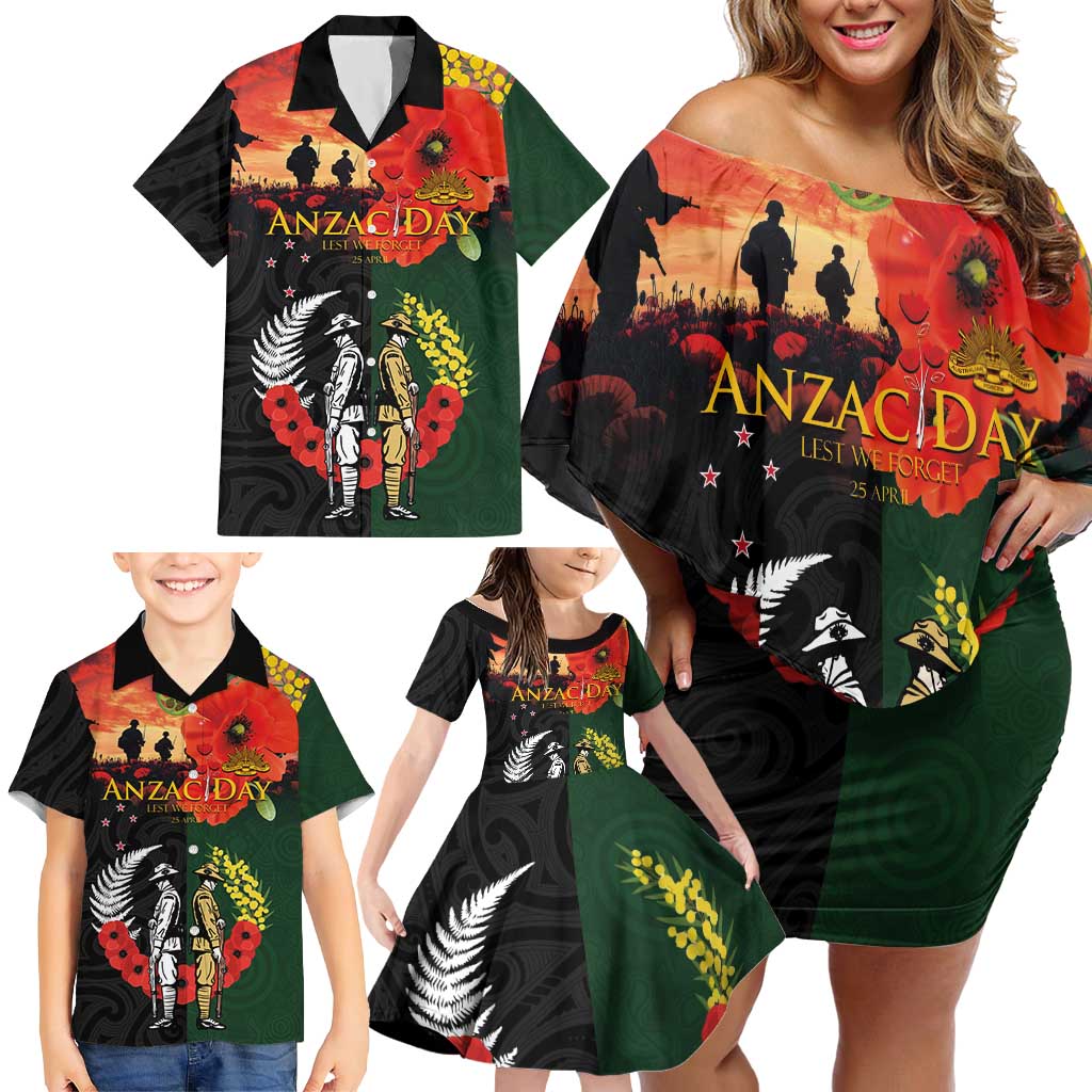 New Zealand and Australia ANZAC Day Family Matching Off Shoulder Short Dress and Hawaiian Shirt Lest We Forget Indigenous and Maori Pattern