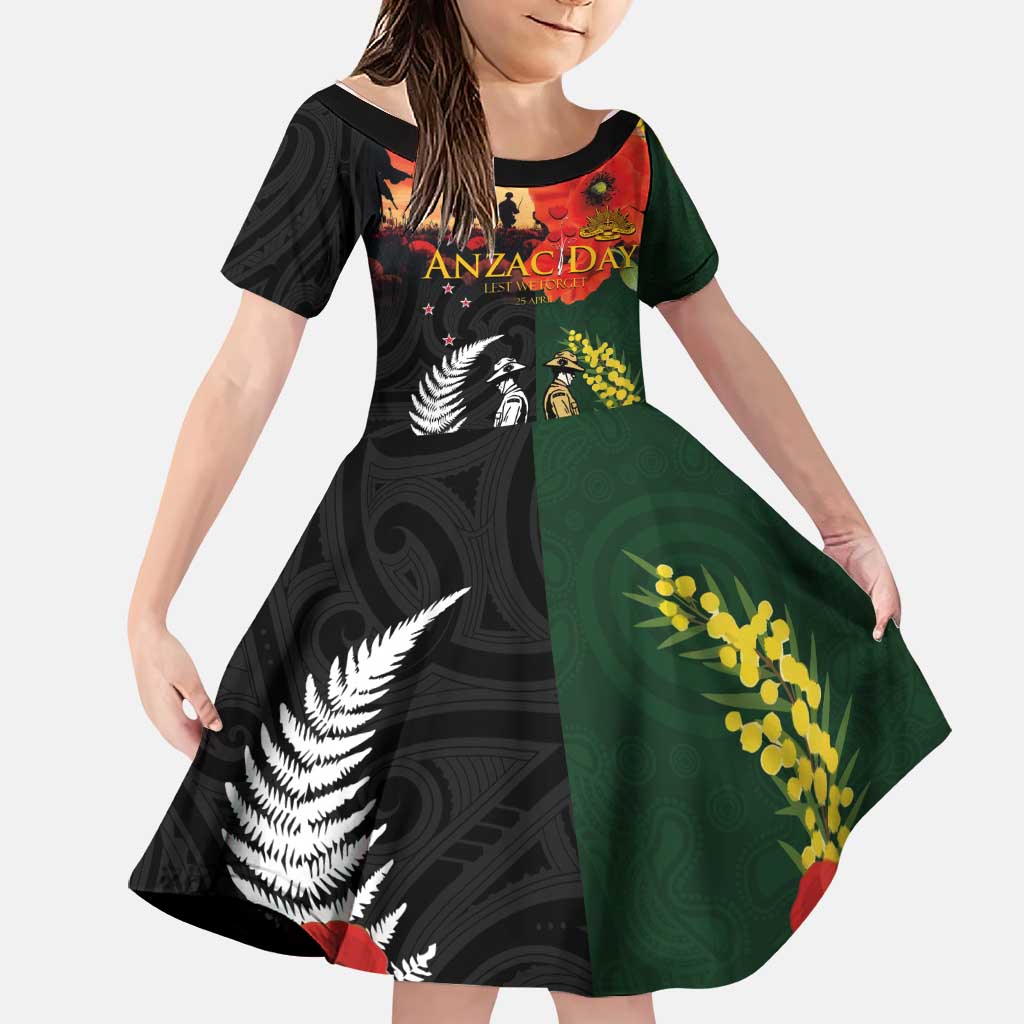 New Zealand and Australia ANZAC Day Family Matching Tank Maxi Dress and Hawaiian Shirt Lest We Forget Indigenous and Maori Pattern LT03 Daughter's Dress Multicolor - Polynesian Pride