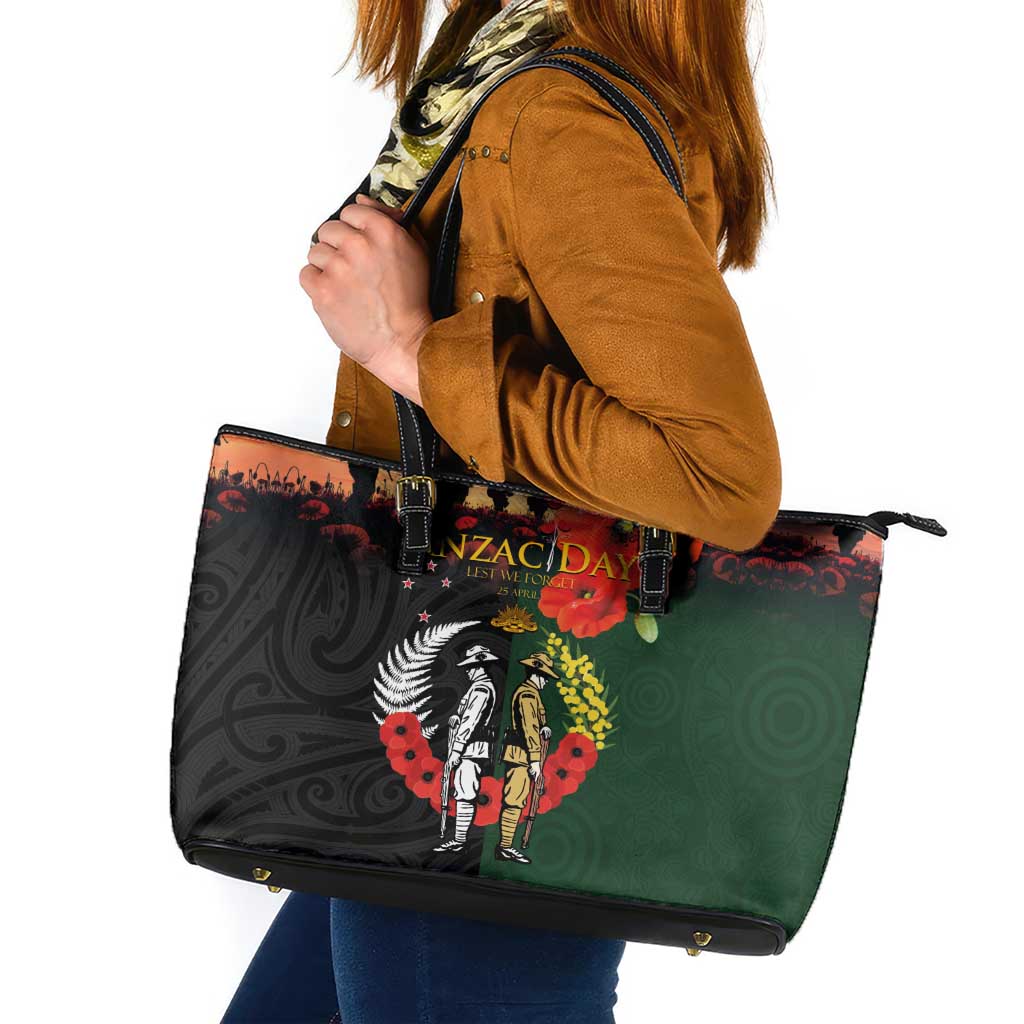 New Zealand and Australia ANZAC Day Leather Tote Bag Lest We Forget Indigenous and Maori Pattern