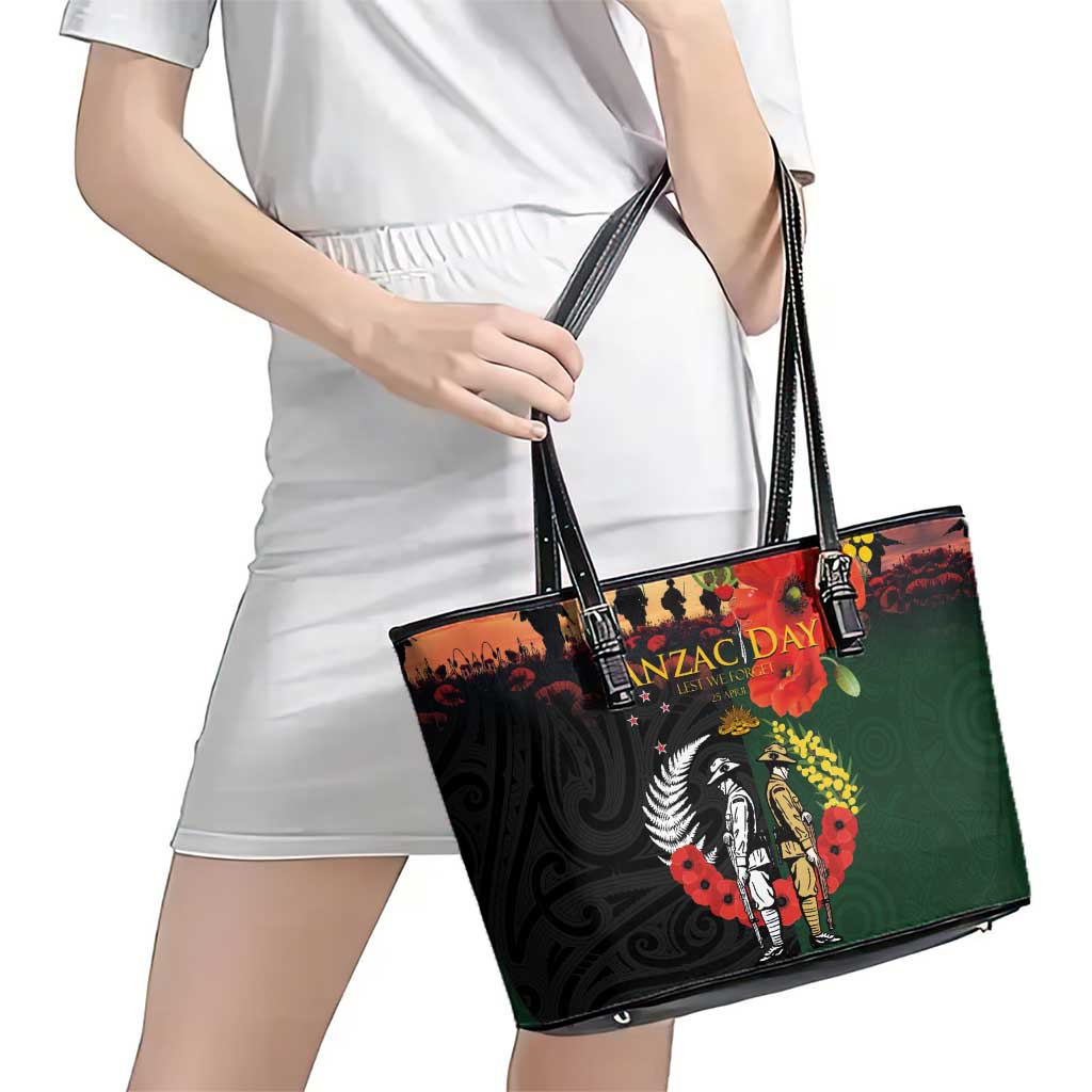 New Zealand and Australia ANZAC Day Leather Tote Bag Lest We Forget Indigenous and Maori Pattern