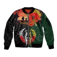 New Zealand and Australia ANZAC Day Sleeve Zip Bomber Jacket Lest We Forget Indigenous and Maori Pattern