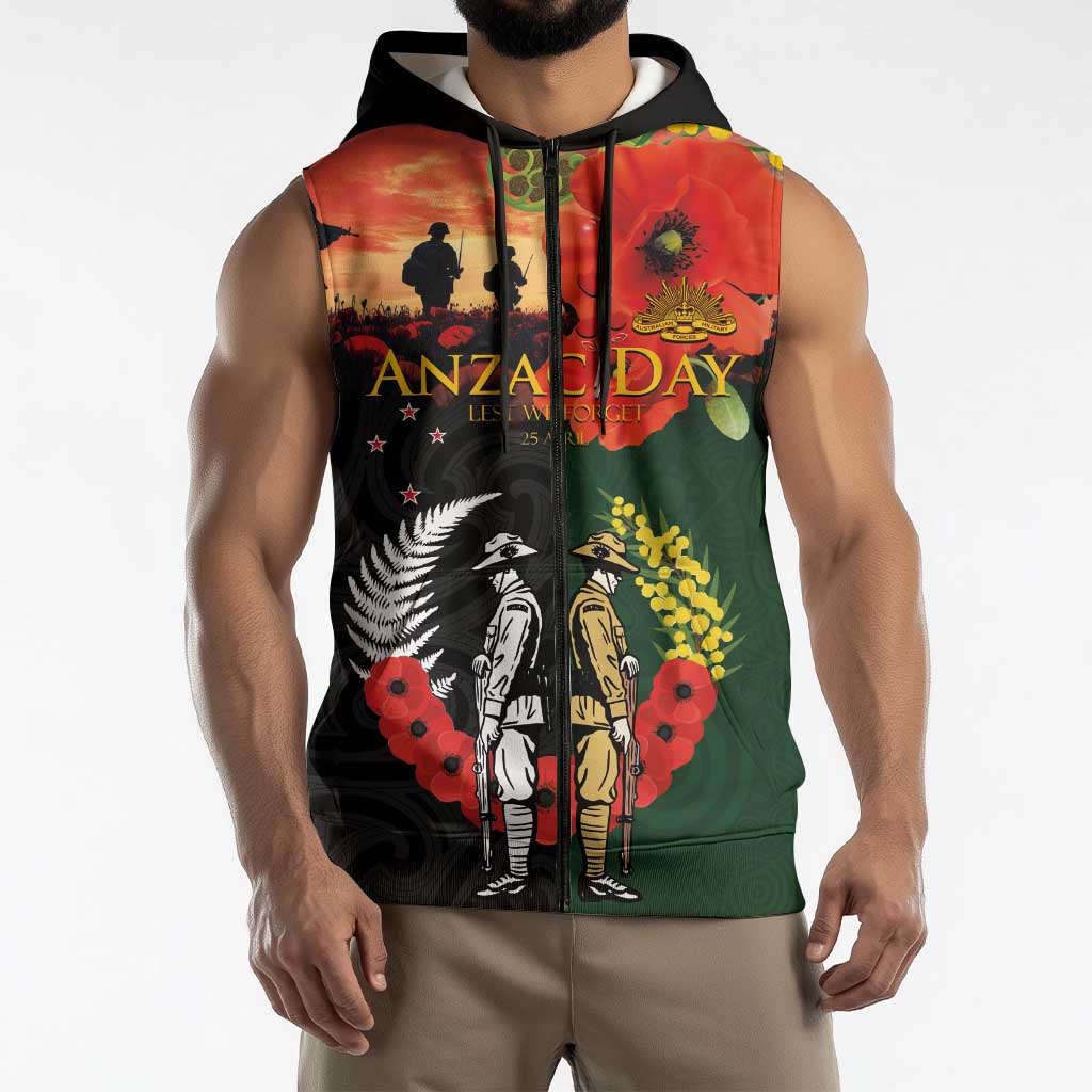 New Zealand and Australia ANZAC Day Sleeveless Zip Hoodie Lest We Forget Indigenous and Maori Pattern