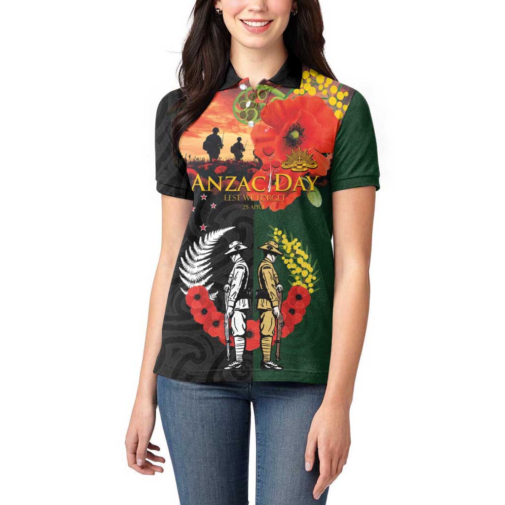 New Zealand and Australia ANZAC Day Women Polo Shirt Lest We Forget Indigenous and Maori Pattern