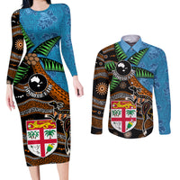 Fiji and Australia Couples Matching Long Sleeve Bodycon Dress and Long Sleeve Button Shirt Fijian and Aboriginal mix Culture LT03 Blue - Polynesian Pride