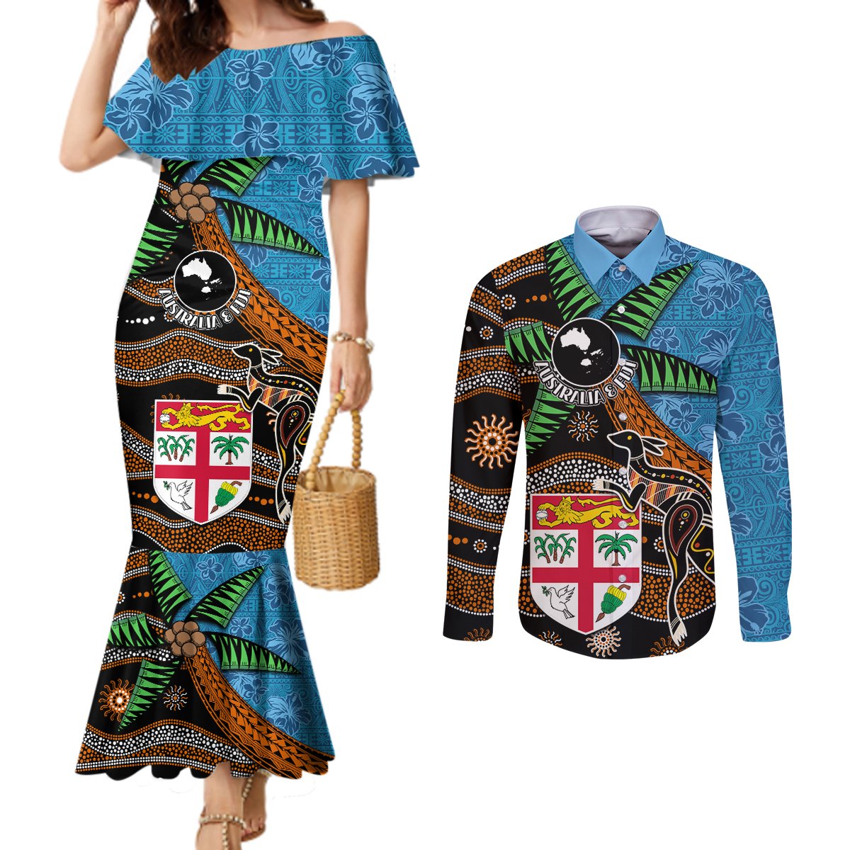 Fiji and Australia Couples Matching Mermaid Dress and Long Sleeve Button Shirt Fijian and Aboriginal mix Culture LT03 Blue - Polynesian Pride