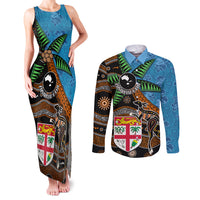 Fiji and Australia Couples Matching Tank Maxi Dress and Long Sleeve Button Shirt Fijian and Aboriginal mix Culture LT03 Blue - Polynesian Pride