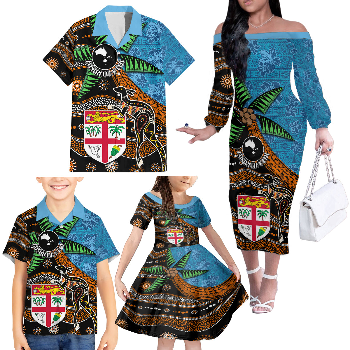 Fiji and Australia Family Matching Off The Shoulder Long Sleeve Dress and Hawaiian Shirt Fijian and Aboriginal mix Culture