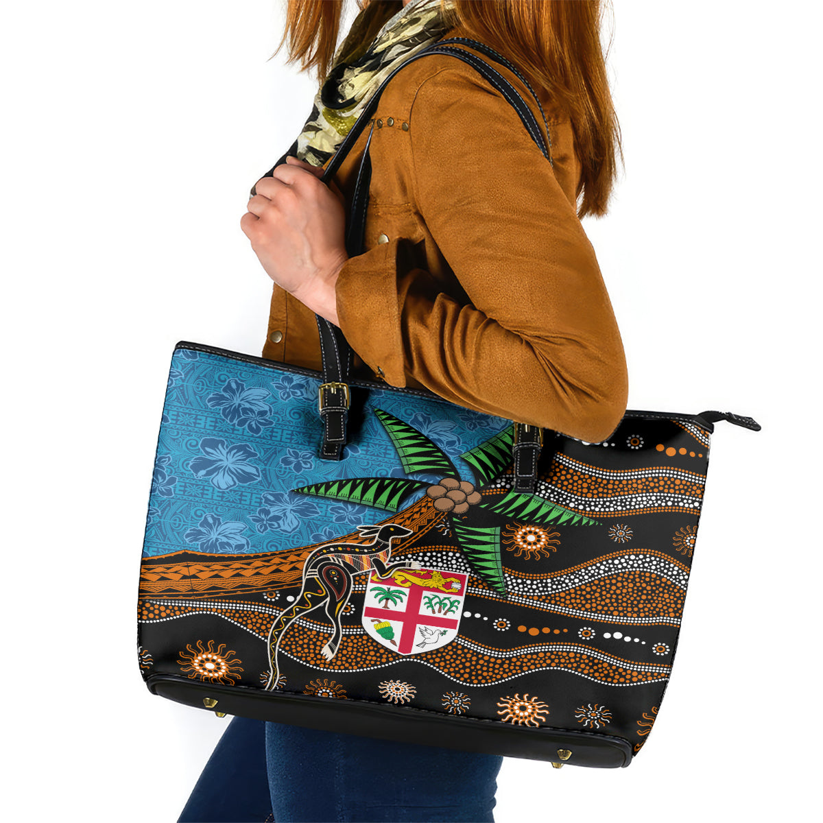 Fiji and Australia Leather Tote Bag Fijian and Aboriginal mix Culture