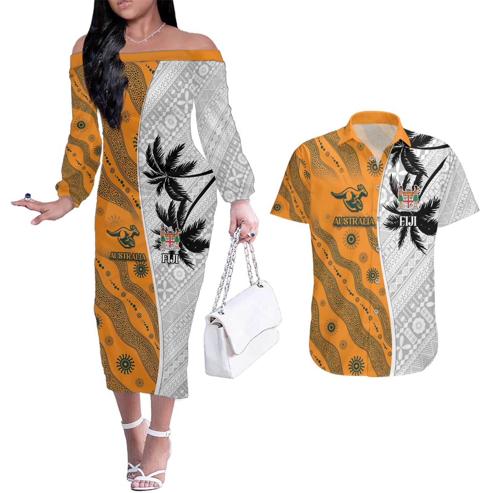 Custom Fiji and Australia Rugby Couples Matching Off The Shoulder Long Sleeve Dress and Hawaiian Shirt Tapa Mix Aboriginal Pattern Half Style