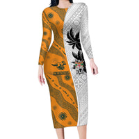 Custom Fiji and Australia Rugby Family Matching Long Sleeve Bodycon Dress and Hawaiian Shirt Tapa Mix Aboriginal Pattern Half Style LT03 Mom's Dress White - Polynesian Pride