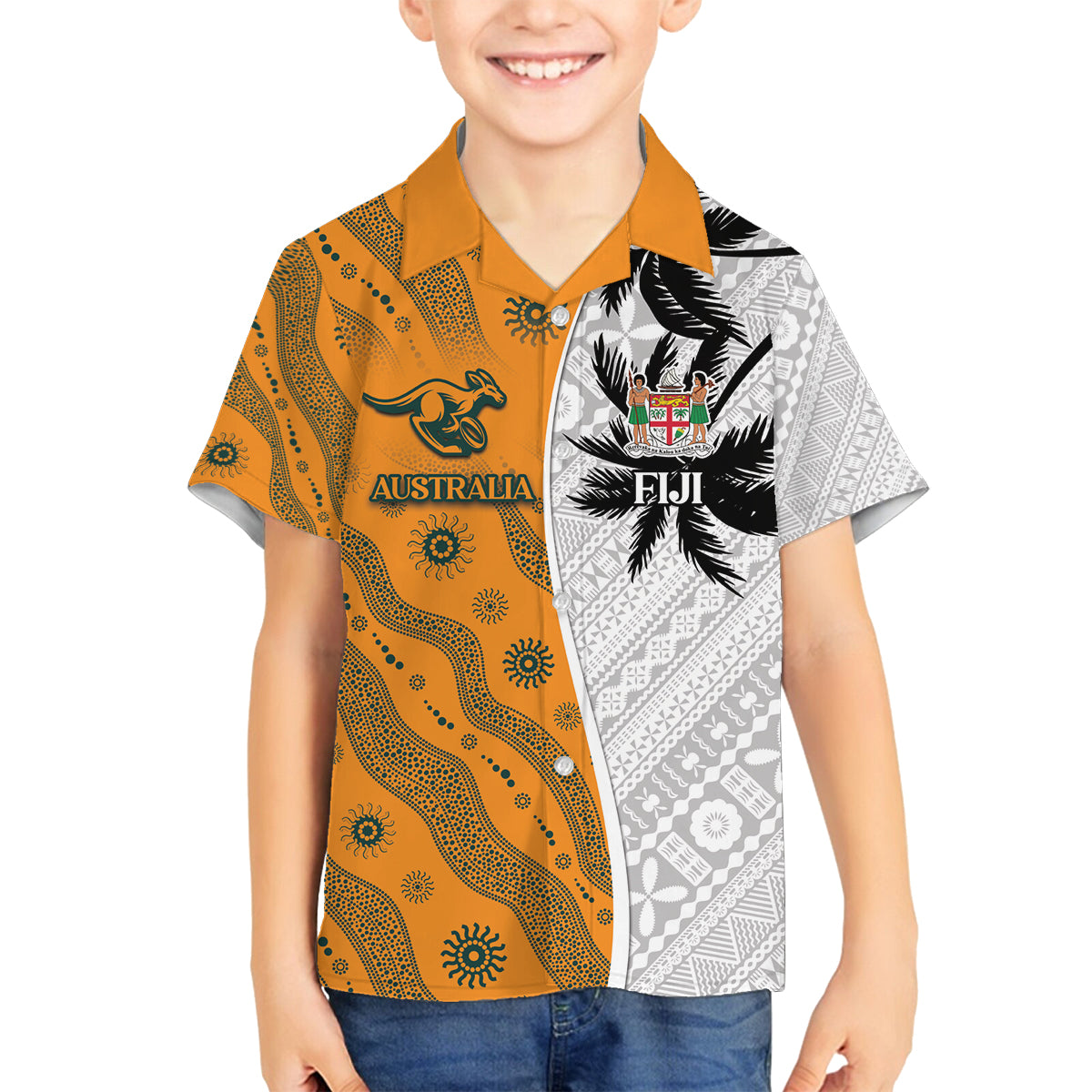 Custom Fiji and Australia Rugby Family Matching Long Sleeve Bodycon Dress and Hawaiian Shirt Tapa Mix Aboriginal Pattern Half Style LT03 Son's Shirt White - Polynesian Pride