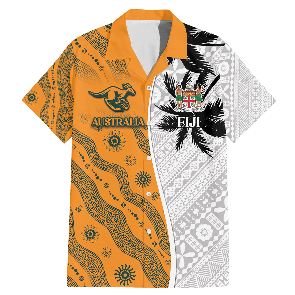 Custom Fiji and Australia Rugby Family Matching Mermaid Dress and Hawaiian Shirt Tapa Mix Aboriginal Pattern Half Style LT03 Dad's Shirt - Short Sleeve White - Polynesian Pride