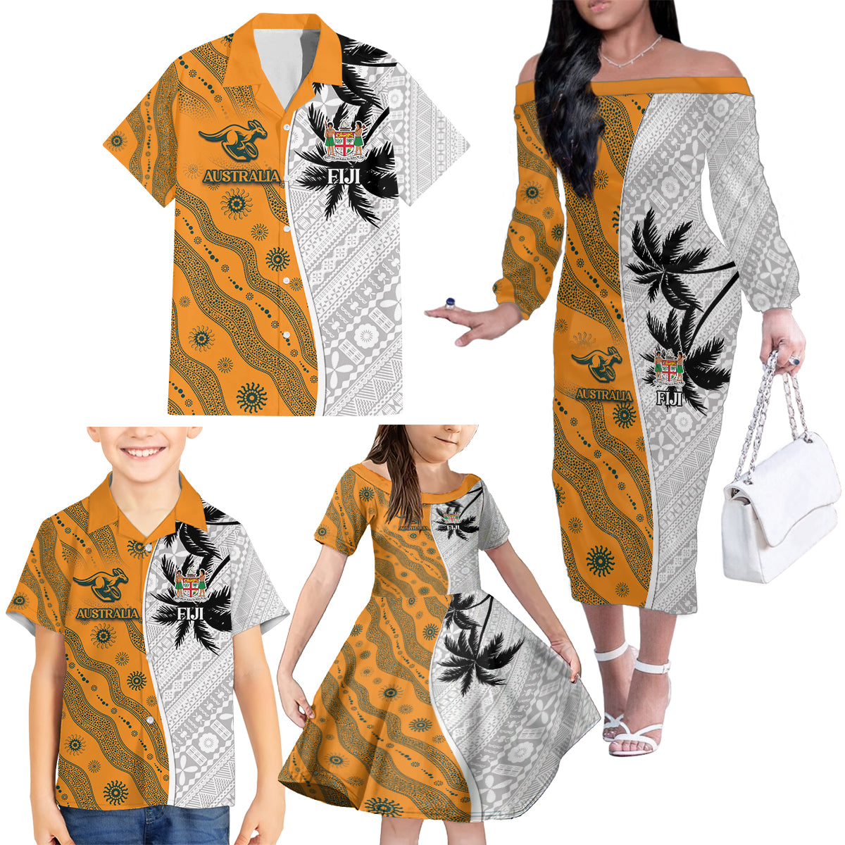 Custom Fiji and Australia Rugby Family Matching Off The Shoulder Long Sleeve Dress and Hawaiian Shirt Tapa Mix Aboriginal Pattern Half Style
