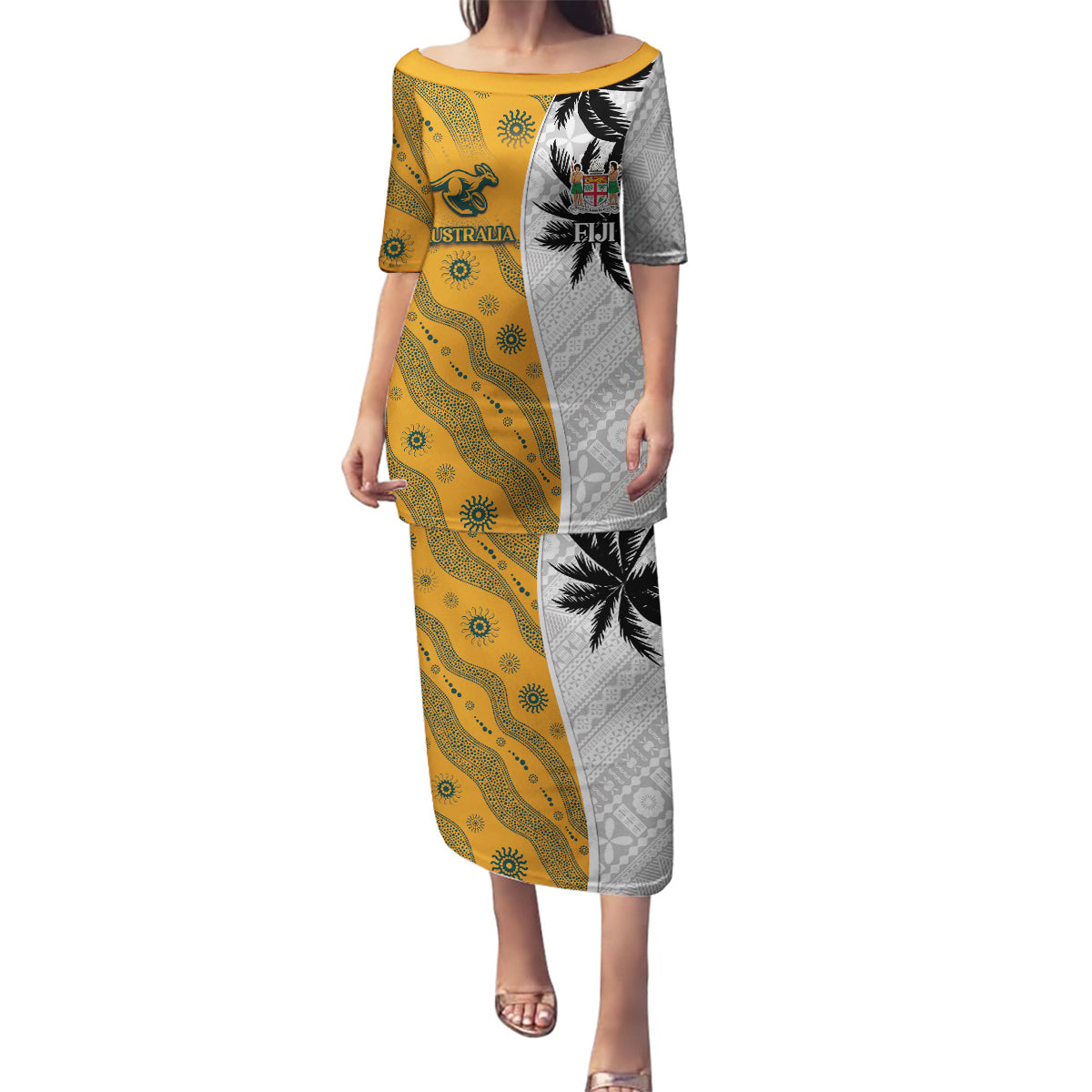 Custom Fiji and Australia Rugby Family Matching Puletasi and Hawaiian Shirt Tapa Mix Aboriginal Pattern Half Style