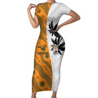 Custom Fiji and Australia Rugby Family Matching Short Sleeve Bodycon Dress and Hawaiian Shirt Tapa Mix Aboriginal Pattern Half Style LT03 Mom's Dress White - Polynesian Pride