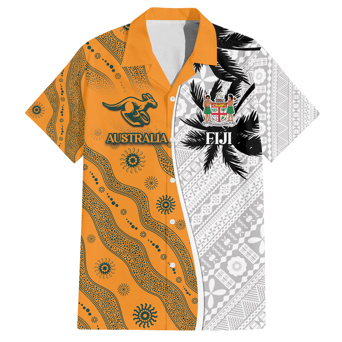 Custom Fiji and Australia Rugby Family Matching Tank Maxi Dress and Hawaiian Shirt Tapa Mix Aboriginal Pattern Half Style LT03 Dad's Shirt - Short Sleeve White - Polynesian Pride