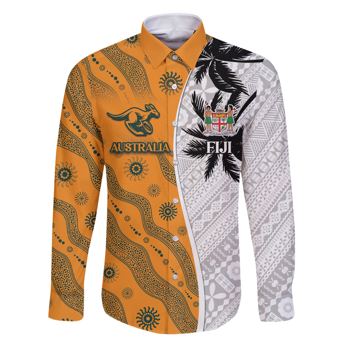 Custom Fiji and Australia Rugby Family Matching Tank Maxi Dress and Hawaiian Shirt Tapa Mix Aboriginal Pattern Half Style LT03 Dad's Shirt - Long Sleeve White - Polynesian Pride