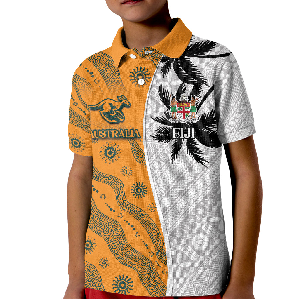 Custom Fiji and Australia Rugby Kid Polo Shirt Tapa Mix Aboriginal Pattern Half Style