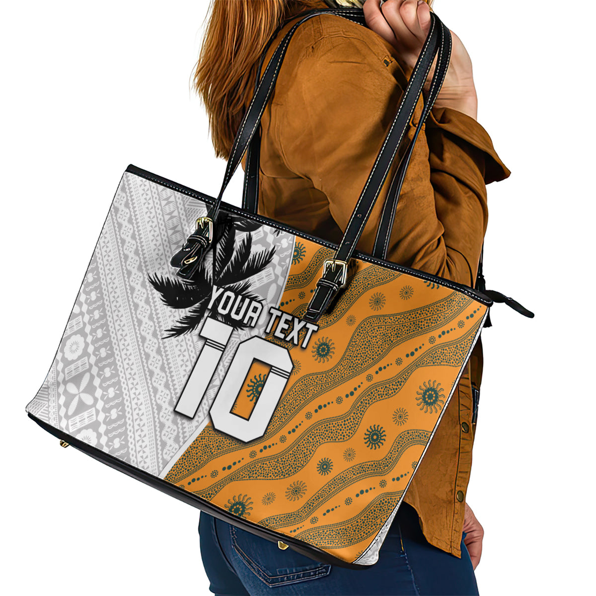 Custom Fiji and Australia Rugby Leather Tote Bag Tapa Mix Aboriginal Pattern Half Style