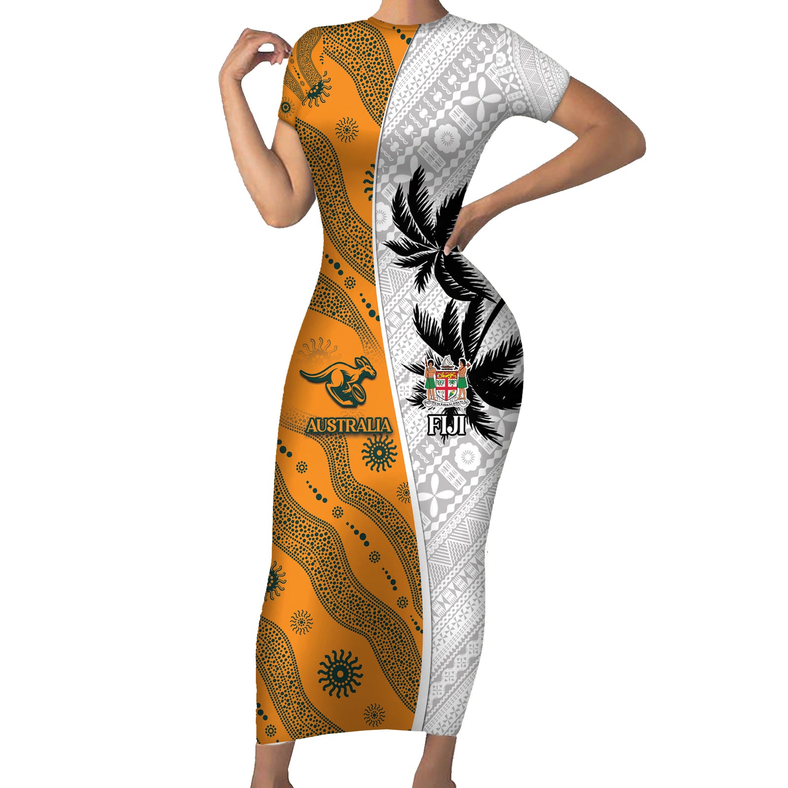 Custom Fiji and Australia Rugby Short Sleeve Bodycon Dress Tapa Mix Aboriginal Pattern Half Style