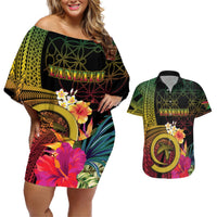 Vanuatu Independence Day Couples Matching Off Shoulder Short Dress and Hawaiian Shirt Sand Drawing Melanesian Vibes
