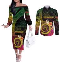 Vanuatu Independence Day Couples Matching Off The Shoulder Long Sleeve Dress and Long Sleeve Button Shirt Sand Drawing Melanesian Vibes LT03 Black - Polynesian Pride