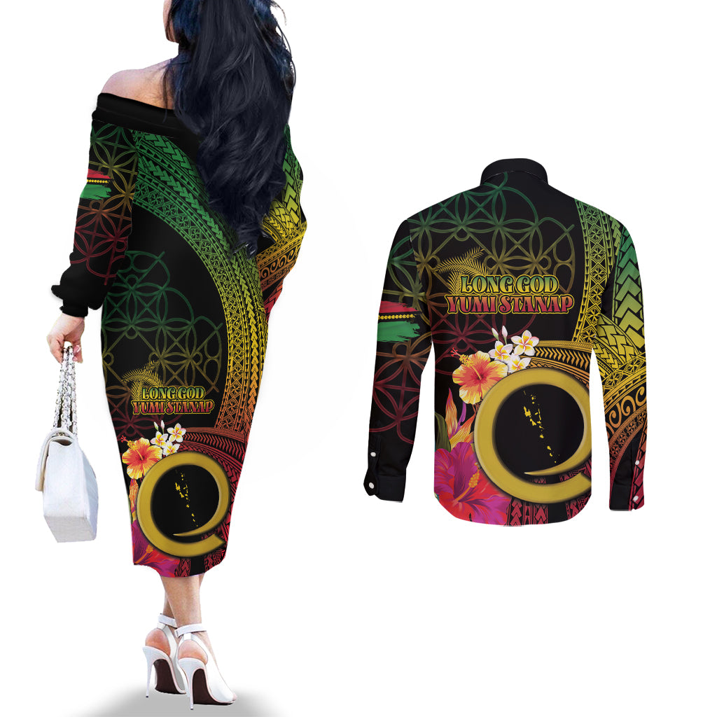Vanuatu Independence Day Couples Matching Off The Shoulder Long Sleeve Dress and Long Sleeve Button Shirt Sand Drawing Melanesian Vibes LT03 - Polynesian Pride
