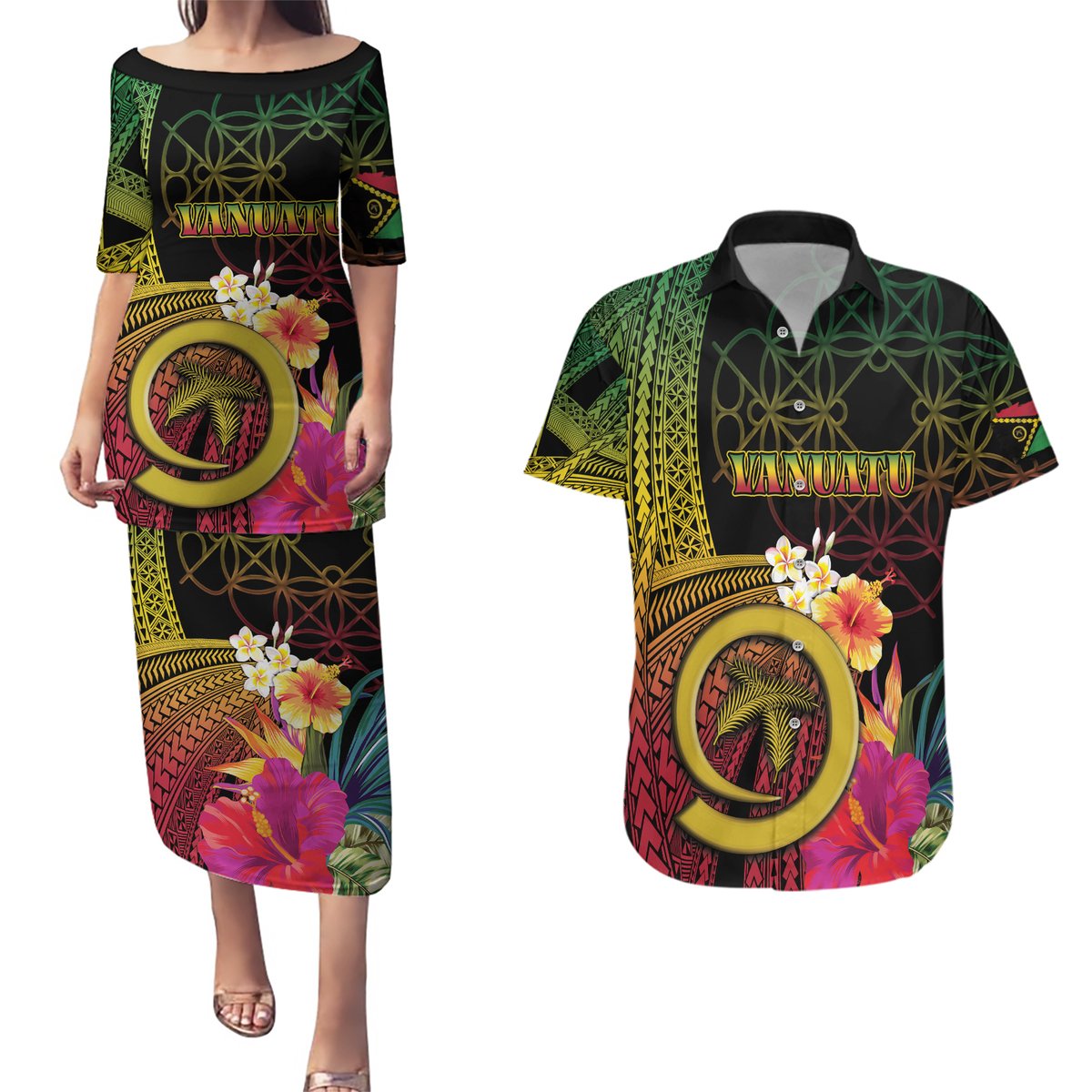 Vanuatu Independence Day Couples Matching Puletasi and Hawaiian Shirt Sand Drawing Melanesian Vibes