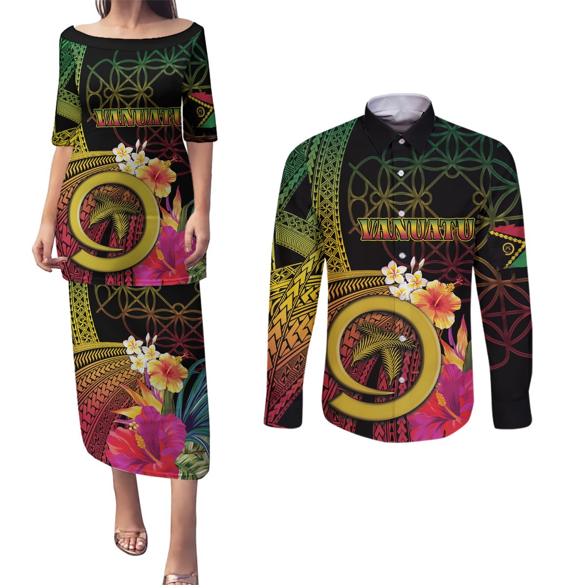 Vanuatu Independence Day Couples Matching Puletasi and Long Sleeve Button Shirt Sand Drawing Melanesian Vibes