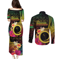 Vanuatu Independence Day Couples Matching Puletasi and Long Sleeve Button Shirt Sand Drawing Melanesian Vibes