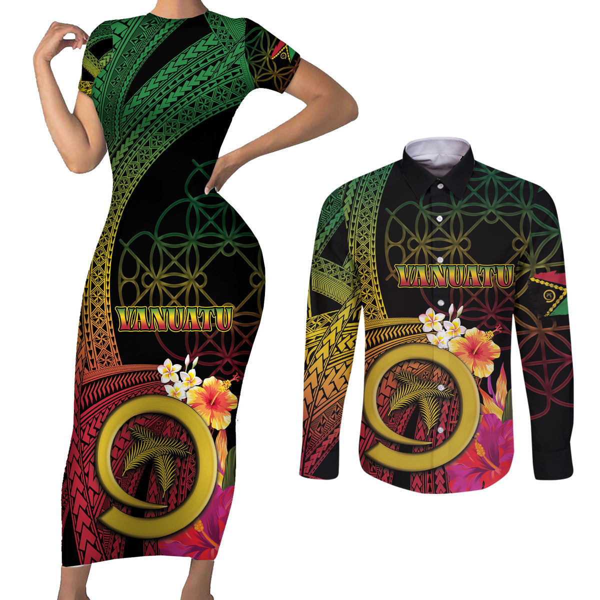 Vanuatu Independence Day Couples Matching Short Sleeve Bodycon Dress and Long Sleeve Button Shirt Sand Drawing Melanesian Vibes LT03 Black - Polynesian Pride