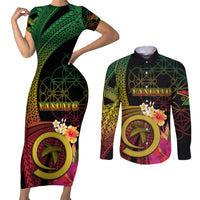 Vanuatu Independence Day Couples Matching Short Sleeve Bodycon Dress and Long Sleeve Button Shirt Sand Drawing Melanesian Vibes LT03 Black - Polynesian Pride