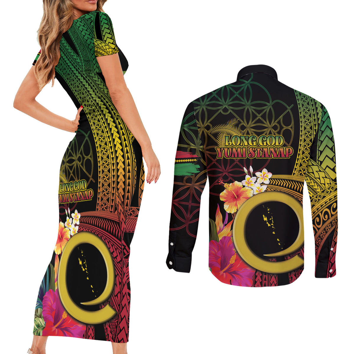 Vanuatu Independence Day Couples Matching Short Sleeve Bodycon Dress and Long Sleeve Button Shirt Sand Drawing Melanesian Vibes LT03 - Polynesian Pride