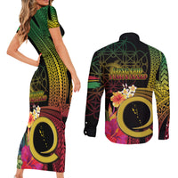 Vanuatu Independence Day Couples Matching Short Sleeve Bodycon Dress and Long Sleeve Button Shirt Sand Drawing Melanesian Vibes LT03 - Polynesian Pride