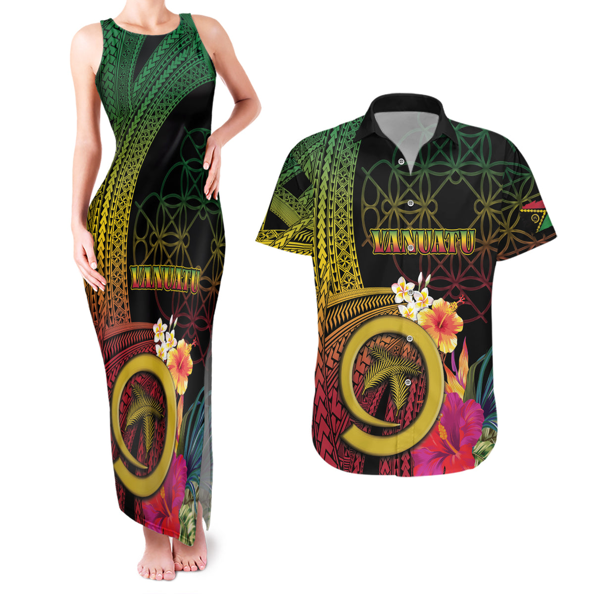 Vanuatu Independence Day Couples Matching Tank Maxi Dress and Hawaiian Shirt Sand Drawing Melanesian Vibes LT03 Black - Polynesian Pride