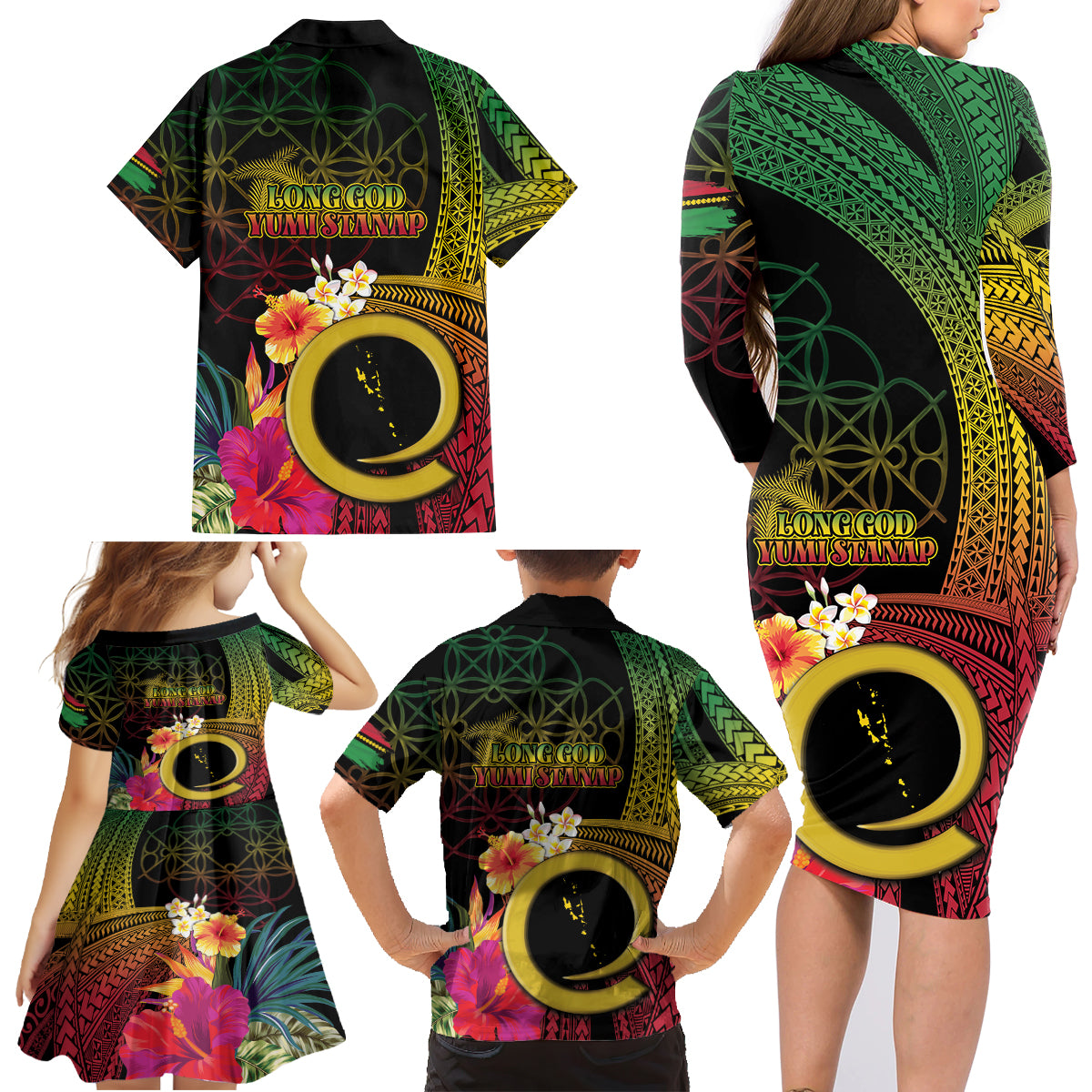 Vanuatu Independence Day Family Matching Long Sleeve Bodycon Dress and Hawaiian Shirt Sand Drawing Melanesian Vibes LT03 - Polynesian Pride