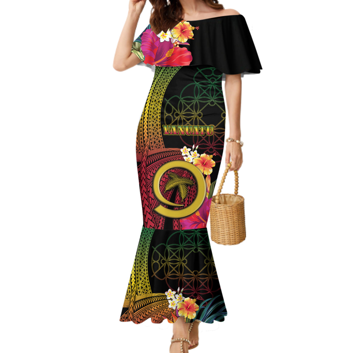 Vanuatu Independence Day Family Matching Mermaid Dress and Hawaiian Shirt Sand Drawing Melanesian Vibes LT03 Mom's Dress Black - Polynesian Pride