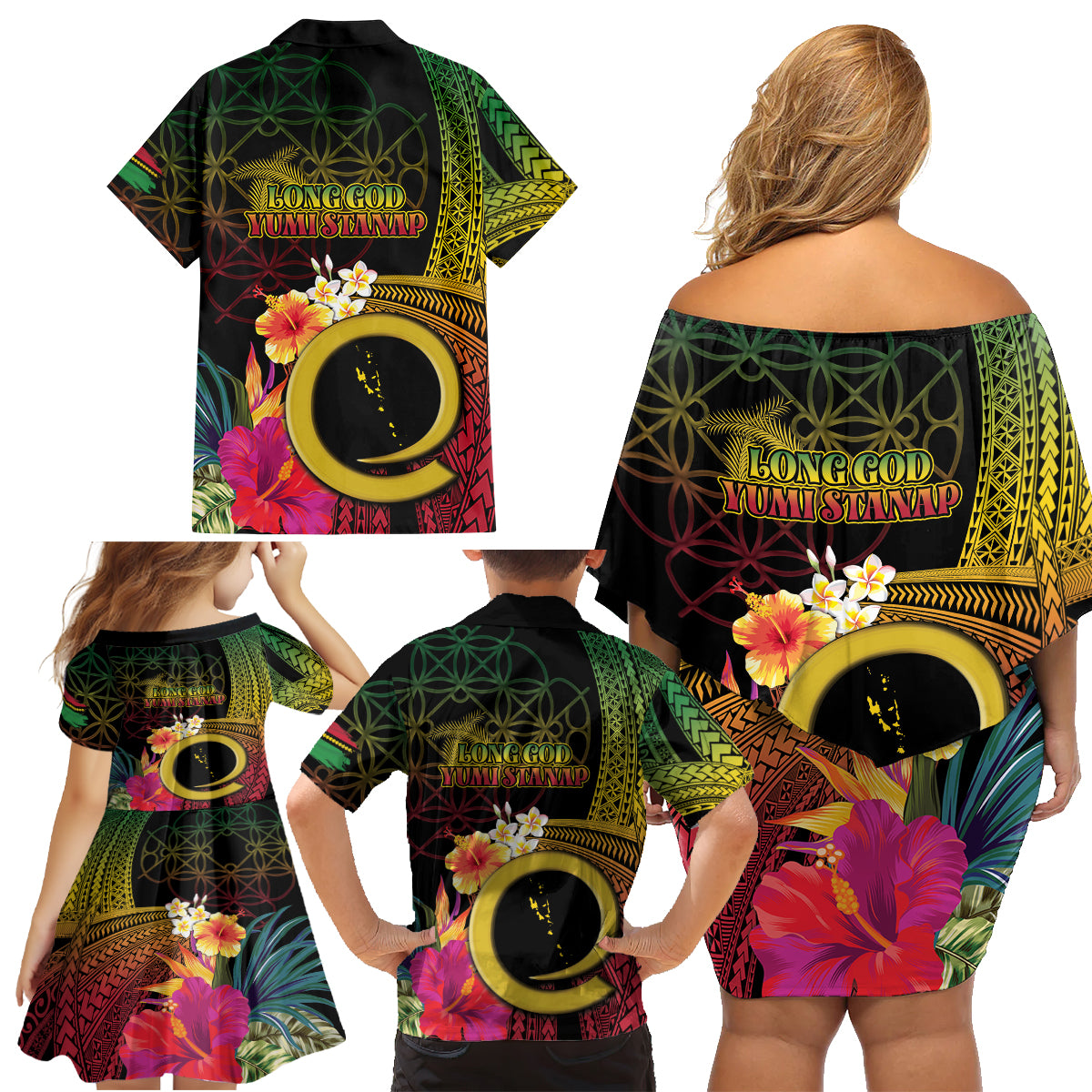 Vanuatu Independence Day Family Matching Off Shoulder Short Dress and Hawaiian Shirt Sand Drawing Melanesian Vibes