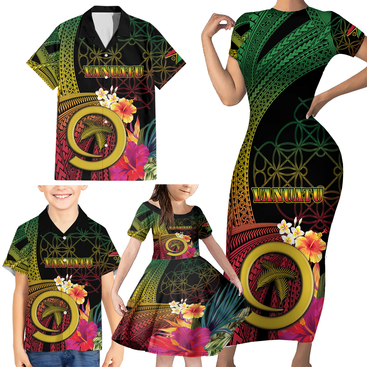 Vanuatu Independence Day Family Matching Short Sleeve Bodycon Dress and Hawaiian Shirt Sand Drawing Melanesian Vibes LT03 - Polynesian Pride